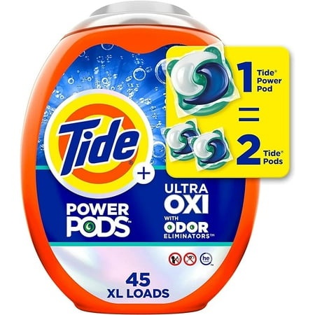 Tide Ultra OXI Power PODS with Odor Eliminators Laundry Detergent Pacs 45 Count for Visible and Invisible Dirt