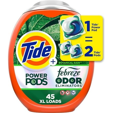 Tide Power Pods Laundry Detergent Pacs with Febreze Freshness with Odor Eliminators  Botanical Rain Scent  45 Count