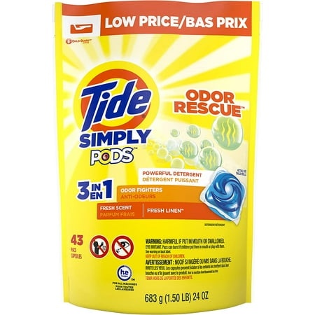 Tide Simply Pods Odor Rescue Liquid Laundry Detergent Pacs  3 in 1 Powerful Detergent  Odor Fighters  Fresh Scent  43Count