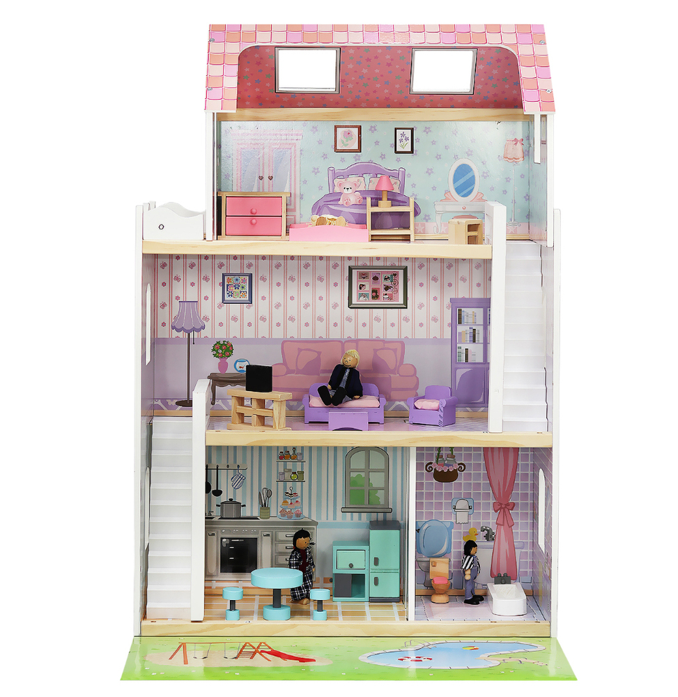 GroBes Puppenhaus Aus Holz Zubehör Traumhaus 4 Zimmer 3 Ebenen Garten Pool 6858