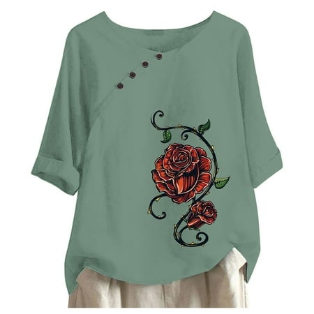 EHQJNJ Vintage T Shirts Women Casual Rose Floral Print O Neck Short Sleeve T Short Blouse Tops Women S Spring Tops T-Shirts for Women Graphic Tees Tre