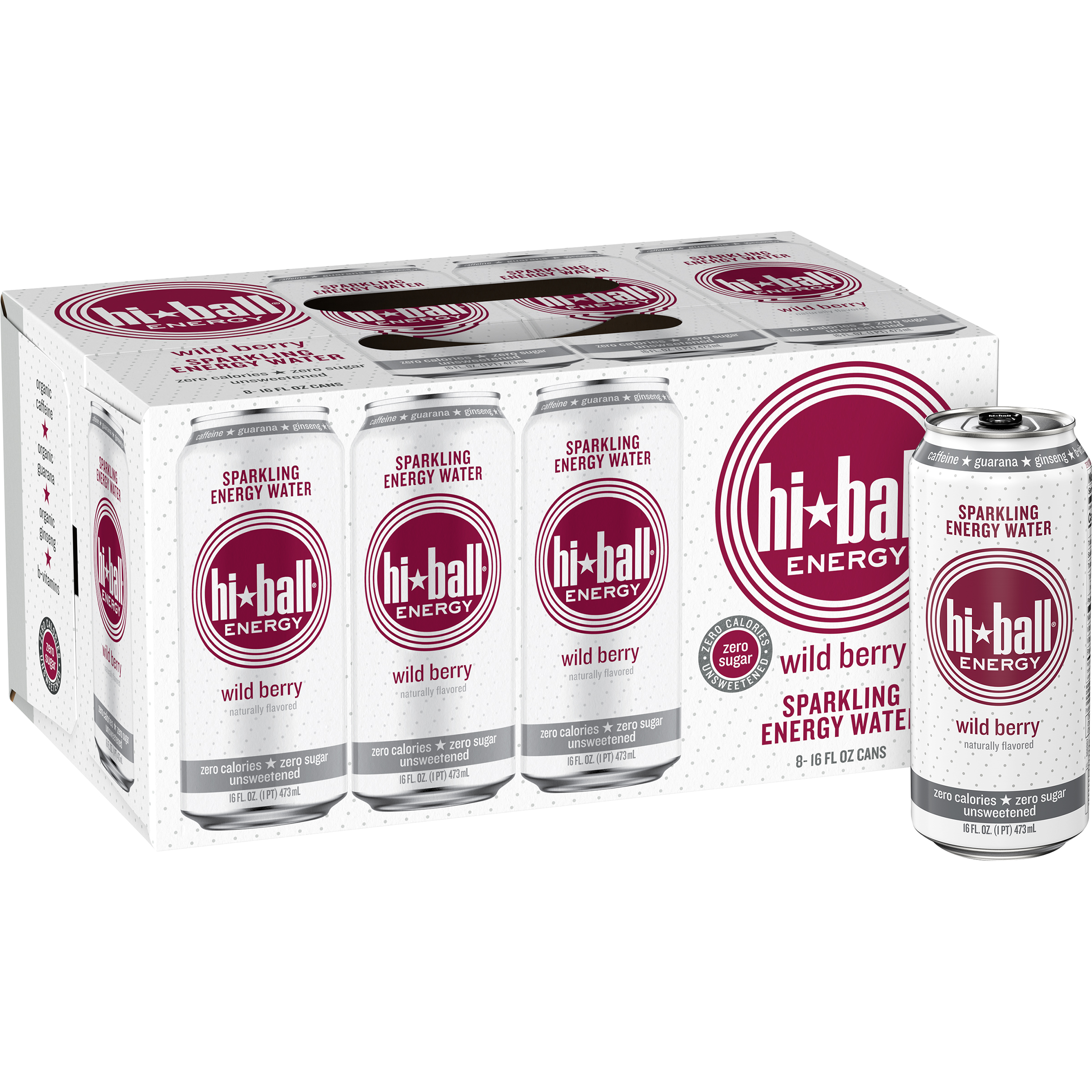 Hiball Energy Wild Berry Sparkling Energy Water  Zero Sugar and Zero Calorie Energy Drink  16 Fluid Ounce Cans  Pack of 8