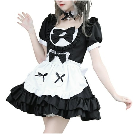 Mrat Sun Dresses French Maid Dress Maid Uniform Suit Short Sleeve Neck Dress Sun Dresses S-1288 Black S