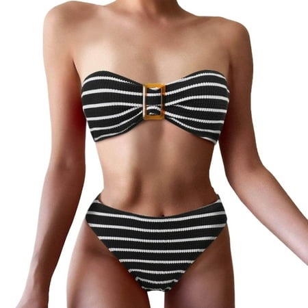 Xuapaodt INC Summer Two-piece SwimsuitWomen S Spring/Summer New Strapless Split Triangle Bikini SwimsuitHigh-waisted Two-piece Swimsuit Black L Rash G