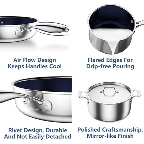 Nuwave Pro-Smart 9pc Stainless Steel Cookware Set, Healthy Duralon Blue Non-Stick Ceramic Coating, Heavy-Duty Tri-Ply Construction, Ergonomic Stay-Coo thumbnail