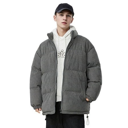GWAABD Men Coats Winter Solid Color Thicken Cotton Quilted Coat Stand Collar Puffer Padded Jacket with Pocket Autumn Winter Unisex Down Jacket Dark Gr