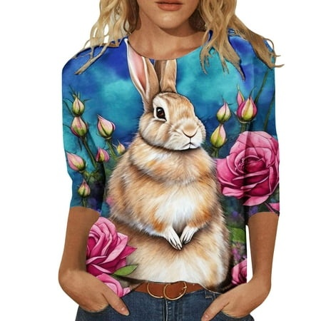 WILLBEST T Shirt Womens Fashion Trend Womens Three Quarter Sleeve Printed Cartoon Easter Bunny Tshirt Top 5105