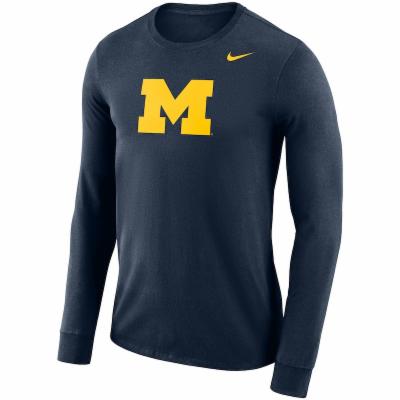 Nike Michigan Wolverines Navy Blue Logo Long Sleeve T Shirt, Navy Blue, 65% COTTON / 35% POLYESTER, Size 2XL