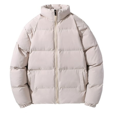 GWAABD Men Jacket Winter Puffer Quilted Jacket Full Zip Stand Collar Padded Winter Warm Outwear Hoodless Down Coat Khaki XL
