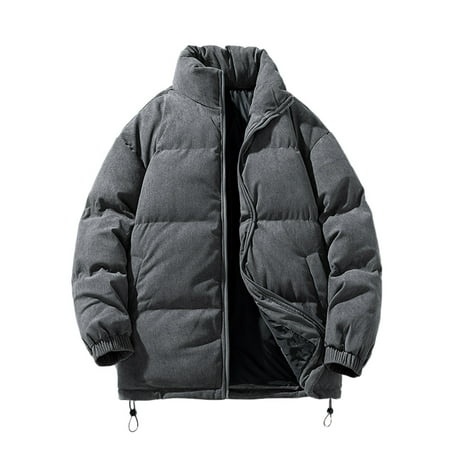 GWAABD Men Winter Coat Thermal Warm Corduroy Loose Trend Cotton Quilted Jacket Solid Color Thicken Puffer Padded Coat Stand Collar Outerwear Dark Gray