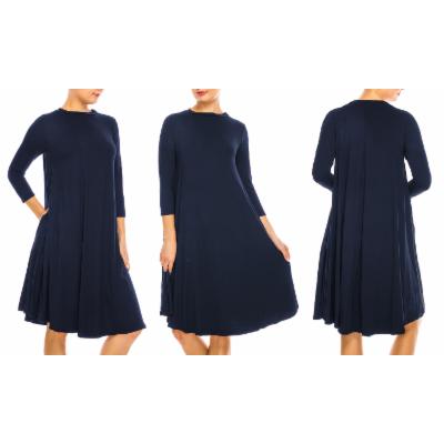 Women's Chi Women's MIDI 3/4 Sleeve Solid a-line Swing Casual/Evening Dress W/ Pockets 3833 Navy X-Large (14-16) Blue