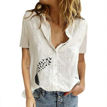 EHQJNJ Merry and Bright Shirt Ladies Casual Loose Personality Printed Lapel Button Short Sleeve Women S Novelty T-Shirts Workout Shirts Women 4962