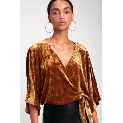 Lulus | Hour of Love Golden Yellow Velvet Wrap Crop Top | Size Large