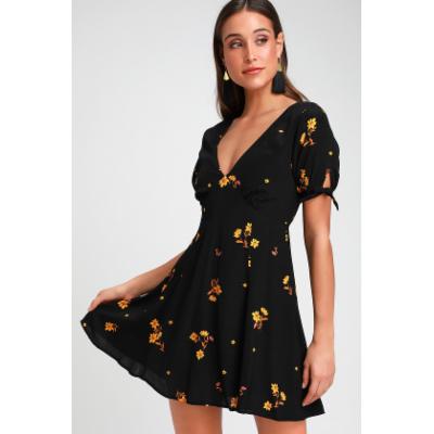 Lulus | Golden Hour Black Floral Print Mini Dress | Size X-Small