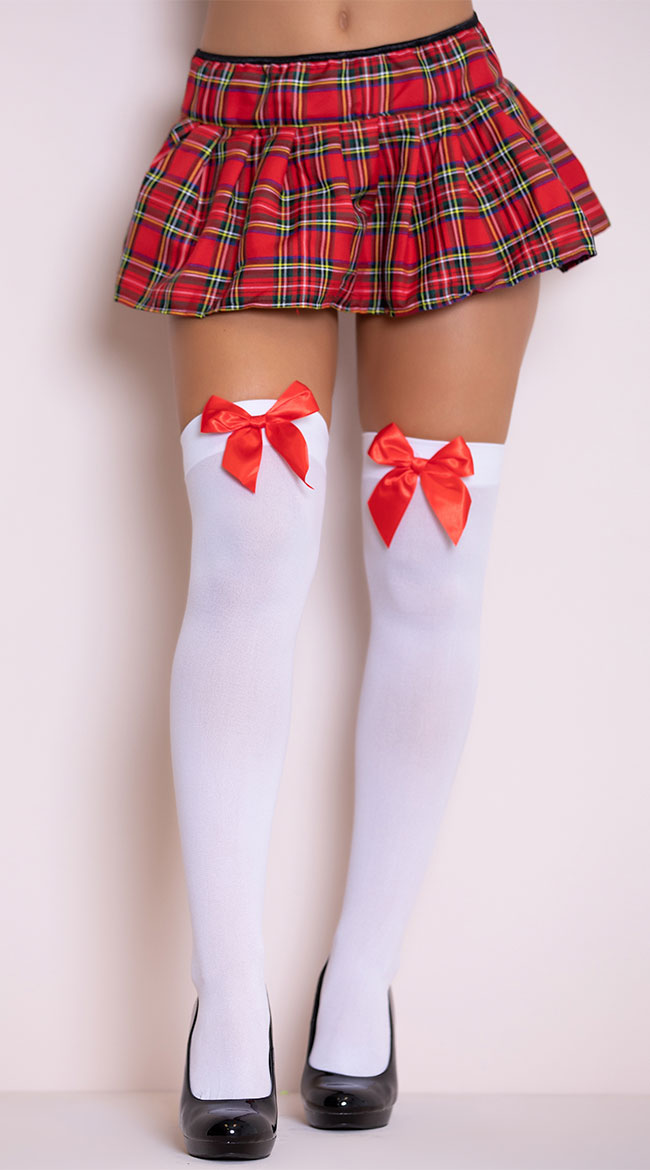 Music Legs Women S Opaque Thigh Highs with Satin Bow  Costume Hosiery 4742-WHITE/RED