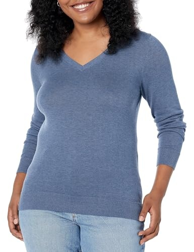 Amazon Essentials Women's Classic-Fit Lightweight Long-Sleeve V-Neck Sweater (Available in Plus Size), Blue Heather, X-Small