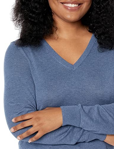 Amazon Essentials Women's Classic-Fit Lightweight Long-Sleeve V-Neck Sweater (Available in Plus Size), Blue Heather, X-Small thumbnail