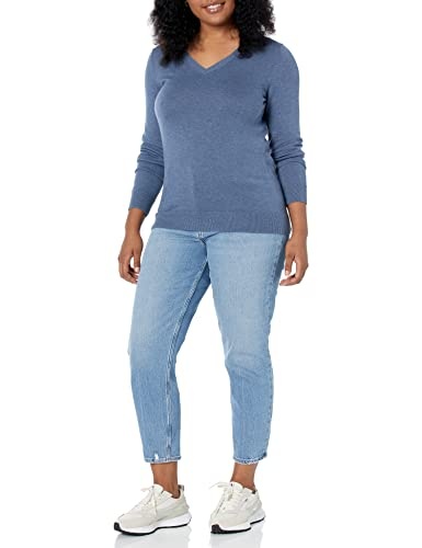 Amazon Essentials Women's Classic-Fit Lightweight Long-Sleeve V-Neck Sweater (Available in Plus Size), Blue Heather, X-Small thumbnail