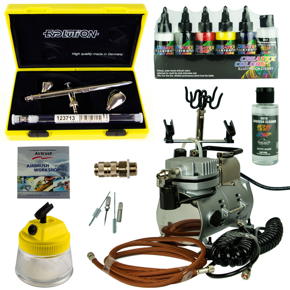 TOP Fine-Art Komplett Airbrush Set FineArt 9201 Evolution Silverline 2in1 + Saturn 25 Kompressor