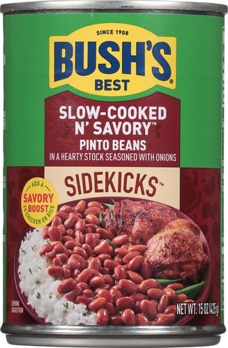 BUSH'S BEST 15oz Canned Slow-Cooked N' Savory Pinto Beans, Source of Plant Based Protein and Fiber, Low Fat, Gluten Free, (Pack of 12) thumbnail