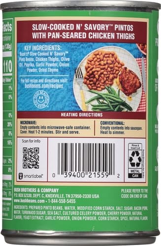 BUSH'S BEST 15oz Canned Slow-Cooked N' Savory Pinto Beans, Source of Plant Based Protein and Fiber, Low Fat, Gluten Free, (Pack of 12) thumbnail