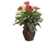 Nearly Natural 6678 Mixed Greens and Anthurium with Vase Decorative Silk Plant  Green
