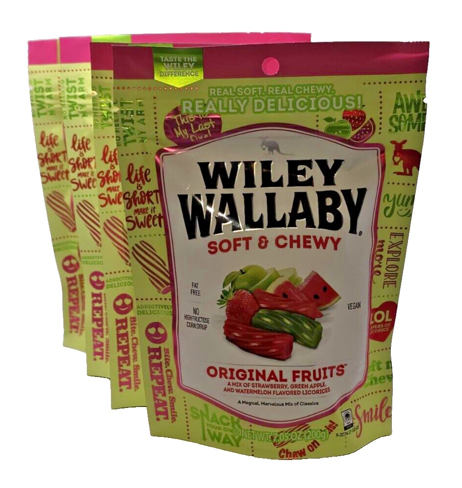 Lot of 4 Wiley Wallaby Soft & Chewy Licorice Original Fruits 7.05oz 3/25 Vegan