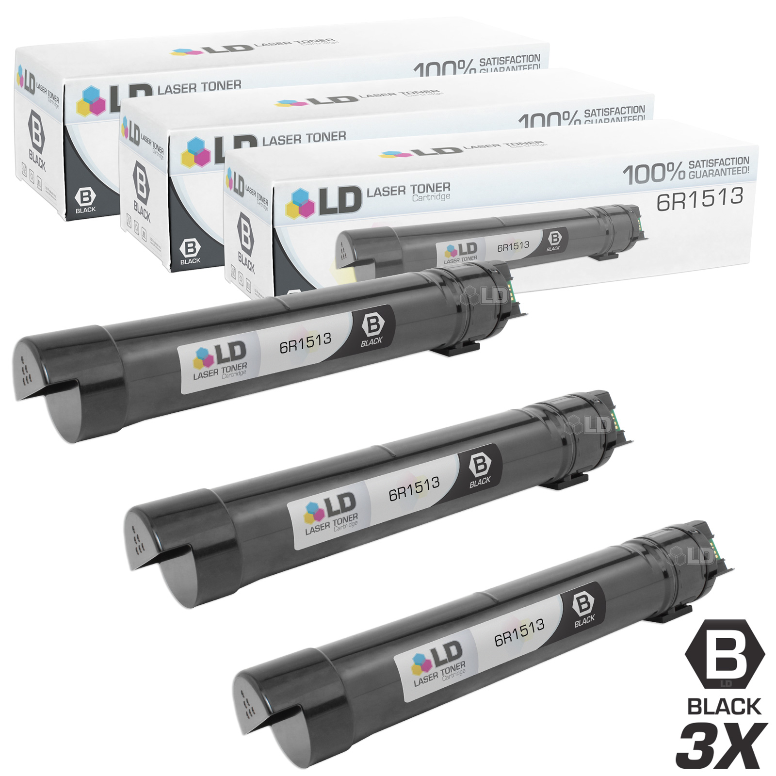 LD © Remanufactured Xerox 006R01513 / 6R1513 Set of 3 Black Laser Toner Cartridges for WorkCentre Printers: 7525, 7530, 7535, 7545, 7556, 7830.
