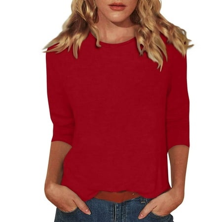 Godokuleh 3/4 Sleeve Shirts for Women Loose Fit Crewneck Dressy Casual Tops Lightweight Solid Color Comfy Cute T ShirtsRed S