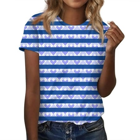 Qwertyu Women S Short Sleeve Crewneck Graphic T Shirt 2024 Summer Slim Fit Casual Basic Tee Tops Blue 3XL