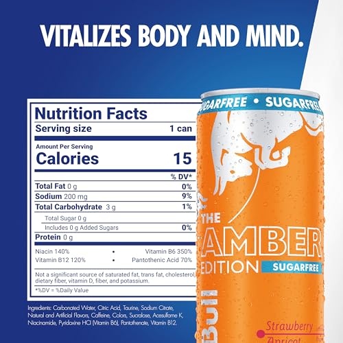 Red Bull Amber Edition Sugar Free Energy Drink, Strawberry Apricot, with 114mg Caffeine Plus Taurine & B Vitamins, 12 Fl Oz, 6 Packs of 4 Cans (Pack o thumbnail