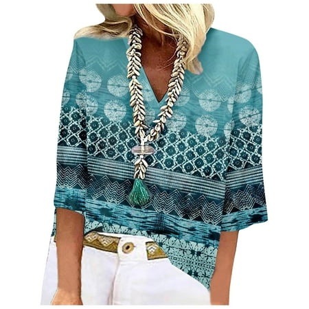 Godokuleh Womens Tops 2024 Spring Summer 3/4 Sleeve Shirts Trendy Printed Dressy Casual Blouses Plus Size Fashion ClothesCyan S