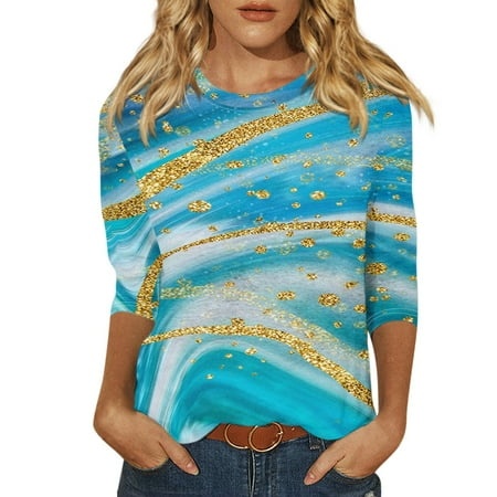 Godokuleh Womens 3/4 Sleeve Tops and Blouses Round Neck Marble Print Fall Golf Shirt Clearance Spring V Neck T Shirts Elbow Sleeve Blouses Tee Dark Bl