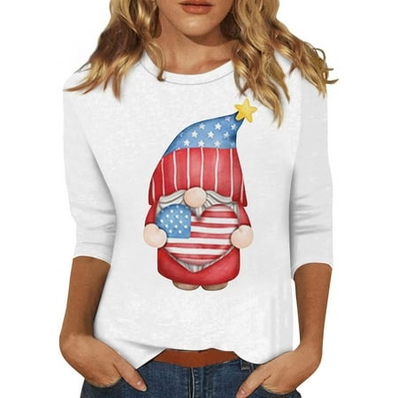 Godokuleh 3/4 Sleeve Tops for Women American Flag Round Neck Casual Shirts Casual Fall Dressy Tshirts Cotton Loose Fit Trendy Clothes Tunic Tops Vermi