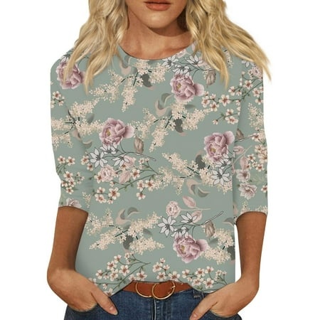 Godokuleh 3/4 Length Sleeve Womens Tops Round Neck Floral Dressy Shirts Clearance Fall Oversized Tee Shirts Casual Pullover Blouses Army Green XL