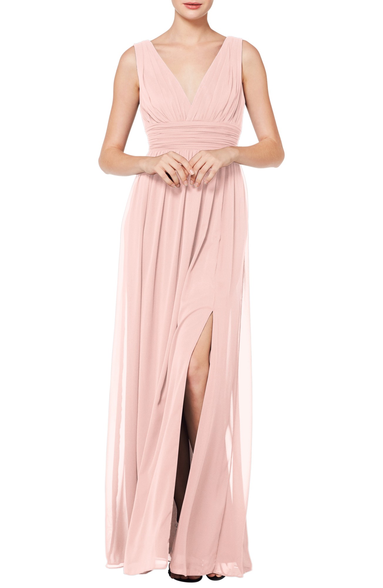 Women's #levkoff V-Neck Pleat Chiffon a-Line Gown, Size 18 - Pink