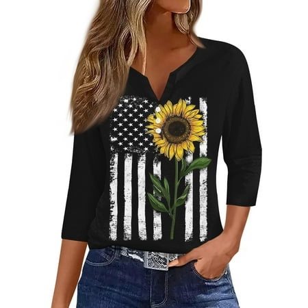Qwertyu Summer Tops for Women 2024 Vacation Trendy V Neck Sunflower Print 3/4 Sleeve Shirts Casual Loose Comfy Tunic Blouses Black S