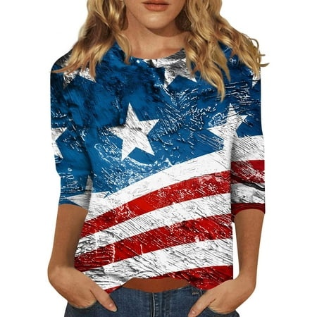 Godokuleh Women S 3/4 Sleeve Summer Tops Round Neck American Flag Clearance Shirt Dresses 2024 Cotton Dressy T Shirt Fall Pullover Clothes Dark Blue S
