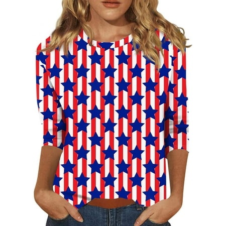 Godokuleh 3/4 Sleeve Tops for Women American Flag Round Neck Spring Short Sleeve Shirts Cotton Elbow Sleeve Cotton Tshirts Graphic Tee Tunic Tops Red 