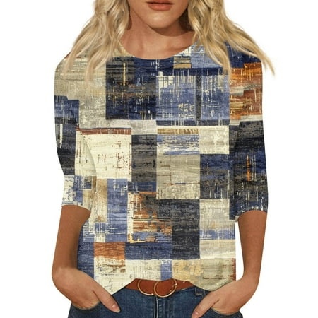 Godokuleh 3/4 Sleeve Shirts for Women Round Neck Geometric Summer Tops Summer Graphic Spring T-Shirts Pullover Tunic Tops Beige 3XL