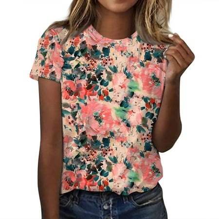 Qwertyu Womens Casual Floral Print Tops Crewneck Short Sleeve T Shirts Fashion 2024 Spring Summer Loose Fit Shirts Watermelon Red 2XL