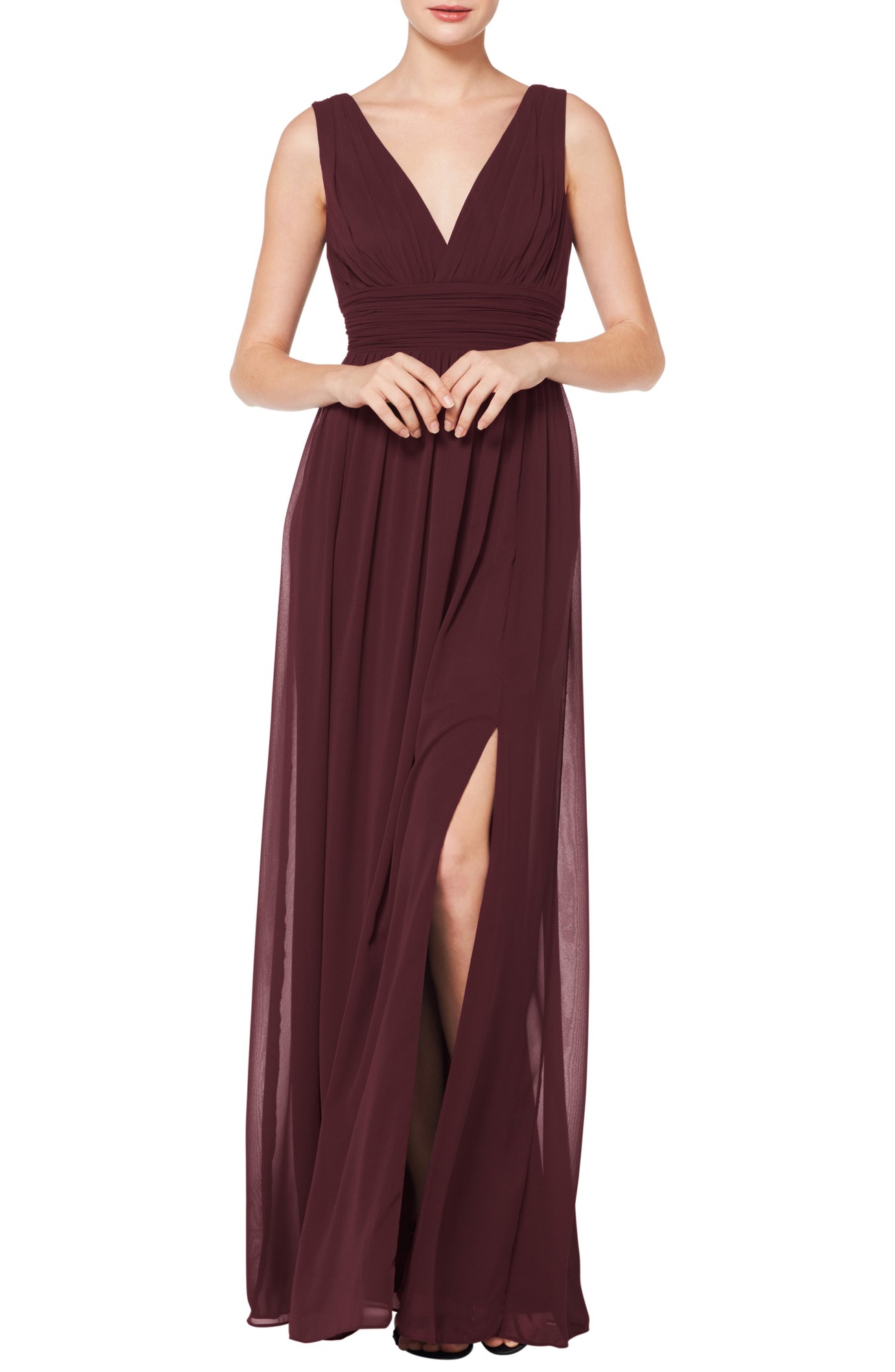 Women's #levkoff V-Neck Pleat Chiffon a-Line Gown, Size 12 - Burgundy
