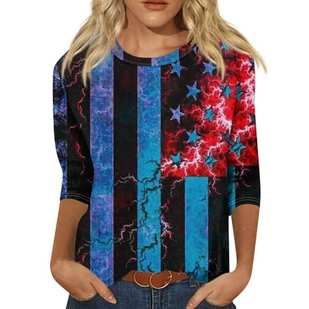 Godokuleh Womens Tunic Tops 3/4 Sleeve American Flag Round Neck Elbow Sleeve Dress Shirts Loose Fit Dressy Oversized Tee Shirts Graphic Pullover Cloth