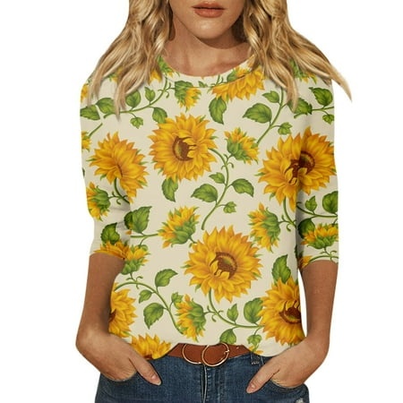 Godokuleh 3/4 Length Sleeve Womens Tops Sunflower Round Neck Trendy Golf Shirt Clearance Graphic T Shirts Loose Fit Loose Fit Clothes Tunic Tops Yello