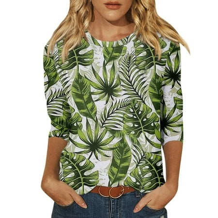 Godokuleh Women S 3/4 Sleeve Summer Tops Hawaiian Tropical Round Neck Fall Shirts Dressy Casual Loose Fit Graphic V Neck T Shirts Cotton Tee Tunic Top