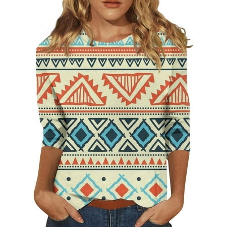 Godokuleh Womens 3/4 Length Sleeve Tops Western Round Neck Cotton Shirts Loose Fit Clearance Cotton Tshirts Trendy Tunic Tops Blouses Sky Blue 4XL