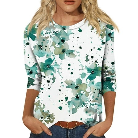 Godokuleh Summer Tops for Women 2024 Trendy Boho Floral Print 3/4 Length Sleeve Shirts Casual Loose Fit Crewneck Graphic Tees Blouses Green XL