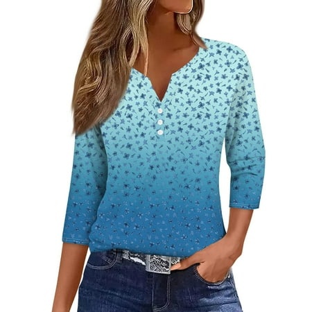 Qwertyu Women 3/4 Sleeve Tops 2024 Summer Fashion T Shirt Casual V Neck Pullover Button Gradient Print Plus Size Blouse Tees Cyan XXXL