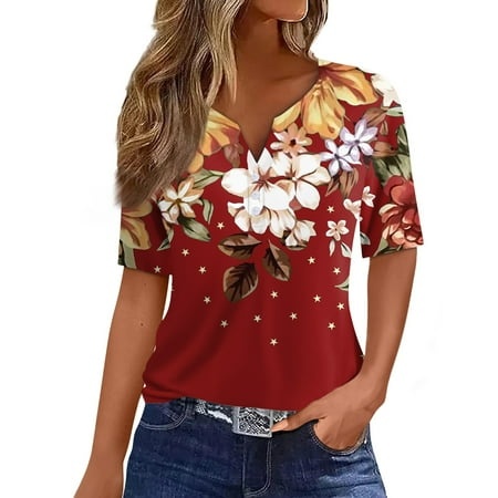 Qwertyu Womens Casual Loose Blouse Fashion Graphic Print Shirts Henley V Neck Short Sleeve Lightweight Spring Summer Tops 2024 Wine S