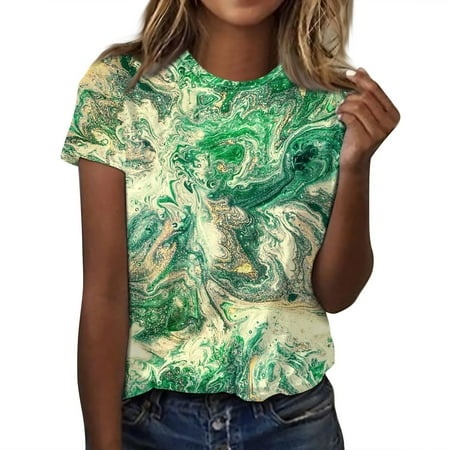 Qwertyu Womens Casual Floral Print Tops Round Neck Short Sleeve T Shirts Fashion 2024 Spring Summer Loose Fit Shirts Fluorescent Green M